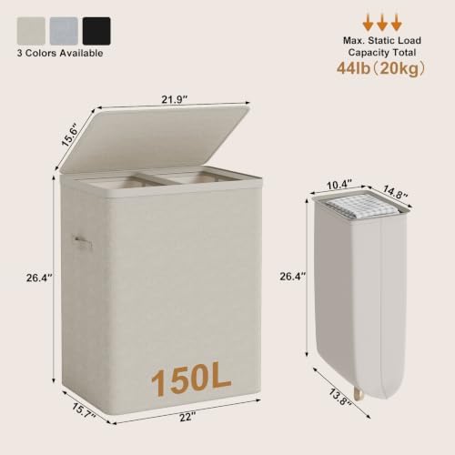 Double Laundry Hamper with Lid, 150L Large Laundry Basket 2 Compartments - Image 5