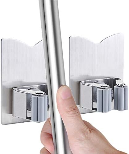 HANZE Stainless Steel Mop Broom Holder Organizer, Self Adhesive Wall Mounted Mop Organizer Storage Rack Clip for Kitchen Bathroom and Garage (Model 2 (2 Pakck)) by HANZE