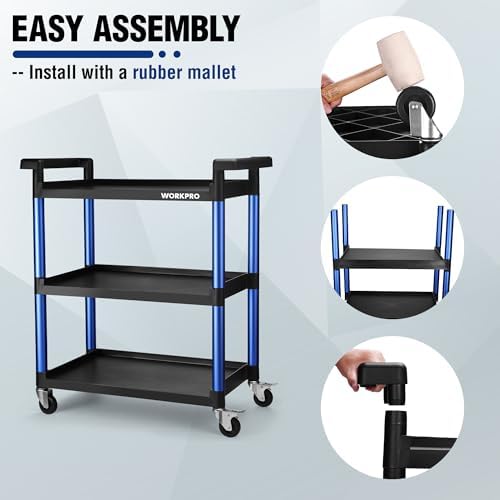 WORKPRO 3-Tier Service Utility Cart, 400LBS Plastic Rolling Cart with Handles & Lockable Wheels, Heavy Duty Storage Cart for Restaurant, Kitchen, Office, Garage, Warehouse - Image 6