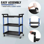 WORKPRO 3-Tier Service Utility Cart, 400LBS Plastic Rolling Cart with Handles & Lockable Wheels, Heavy Duty Storage Cart for Restaurant, Kitchen, Office, Garage, Warehouse - Image 6