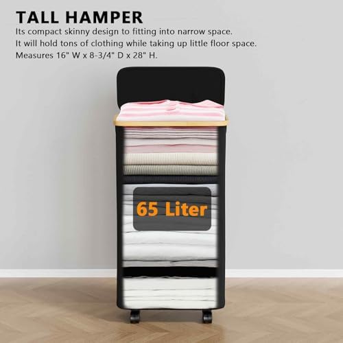 SpaceAid Slim Laundry Hamper with Wheels and Lid,62L Rolling Narrow Clothes Basket with Bamboo Handle, Large Laundry Hamper for Bedroom, Bathroom, Dorm, Laundry Room - Black - Image 2