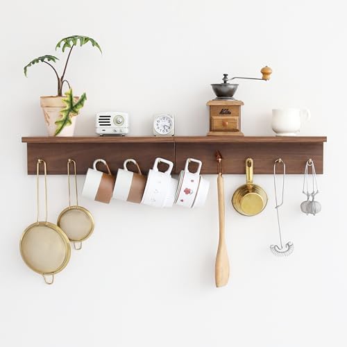 Wall Mount Walnut Coat Rack, 5 Brass Hooks, Floating Shelf - Image 4
