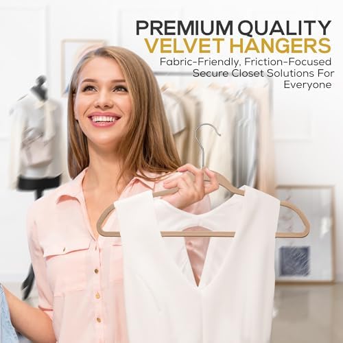 Techzoo 50 Pack New Premium Quality Velvet Hangers Ultra Thin Non Slip Adult Felt Space Saving Hangers for Closet Heavy Duty Coat Pants Dress Hangers 360° Swivel Hook Hold Upto 10 lbs Warm Taupe - Image 5