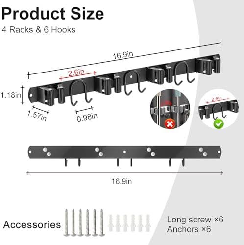 Broom Holder Wall Mount, 2 Packs Black Stainless Steel Tool Storage Organizer for Kitchen Garden Garage Laundry Room Bathroom and RV with 4 Slots 6 Hooks - Image 2