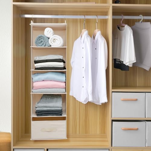 Large Hanging Sweater Organizer for Closet,Collapsible 6-Shelf Hanging Closet Shelves with Drawers, Washable (Beige -5 Shelf-1 d) - Image 3