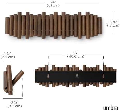 Umbra Picket Coat Rack, Wall Mount 8 Flip-Down Coat Hooks, Walnut - Image 3