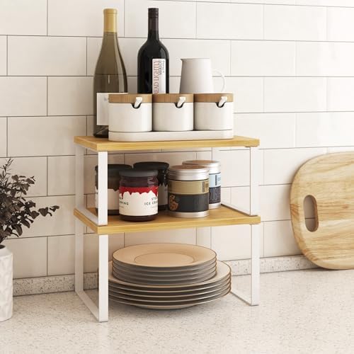 Kitchen Cabinet Organizer Shelf Set of 4, Sturdy Kitchen Counter Shelves with Metal Legs, Stackable Expandable Wood Spice Rack Pantry Cupboard Dish Mug Cup Storage Organizer Shelf,White+Bamboo - Image 4