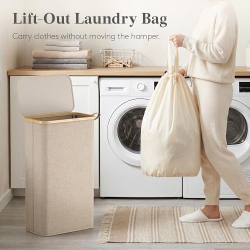 Lifewit 75L Slim Laundry Hamper with Lid and Removable Bag, Beige - Image 3
