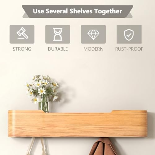Wall Mounted Coat Rack with Shelf, Wooden Entryway Organizer with Hidden Metal Hooks for Hanging Coats Bags Keys, Modern Floating Shelf for Hallway Bathroom - Image 3