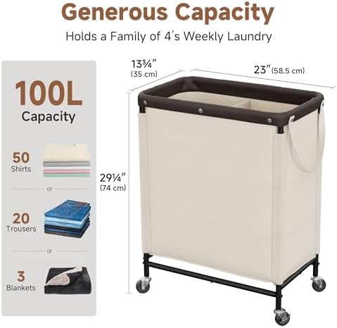 StorageWorks 2 Section Laundry Hamper, 100L Beige Sorter Cart with Wheels - Image 2