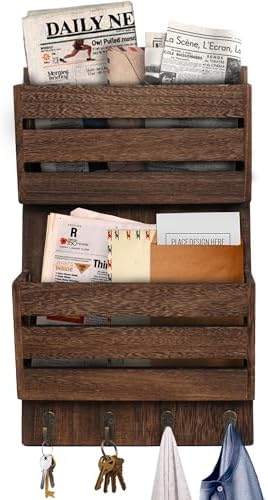 Mail Organizer Wall Mount with 4 Key Hooks, Rustic Wooden Hanging Mail Sorter Farmhouse Key Holder for Wall Decoration, 2-Slot Wall File and Magazines Bill Letter Holder (Brown) by SWALLOW+BRAND