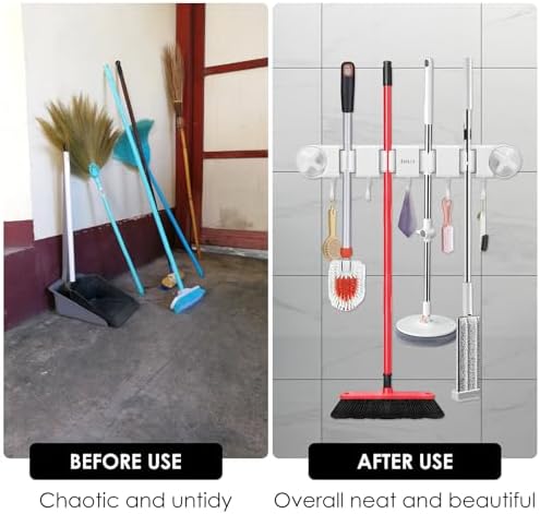 Broom Holder Wall Mount Sturdy Mop and Broom Organizer with 4 Racks and 5 Hooks Vacuum Suction Cup Broom Mop Holder for Home, kitchen, Garden, Tools, Garage - Image 4