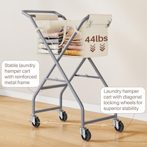 No-Bend Laundry Cart- Rolling Hamper with Locking Wheels & Handle, Foldable Basket Screw-Free Assembly, Durable Metal Frame & Removable Liner Bag for Bedroom & Bathroom (Beige) - Image 4