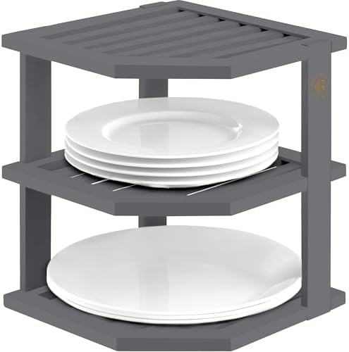 Grey Plate Organizer for Cabinet - 3 Tier Gray Bamboo Corner Cabinet Organizer Shelf for Plates Bowls Mugs Cups, Kitchen Cabinet Organizer, Cabinet Shelf Organizer, Countertop Rack, 10 x 10 x 9.5 Gray by Bamb%C3%BCsi