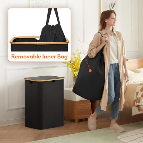 Lifewit 150L Laundry Basket with Lid, Clothes Hampers with Bamboo Handles and 2 Removable Bags, Large Foldable Laundry Hamper for Bedroom, Bathroom, Dorm, Black - Image 3