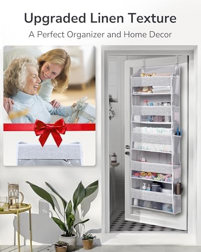 ULG 1 Pack Over Door Organizer with 5 Large Pockets 10 Mesh Side Pockets, Upgraded Linen Texture Over The Door Storage, 44 lbs Weight Capacity Hanging Storage Organizer, Light Gray - Image 3