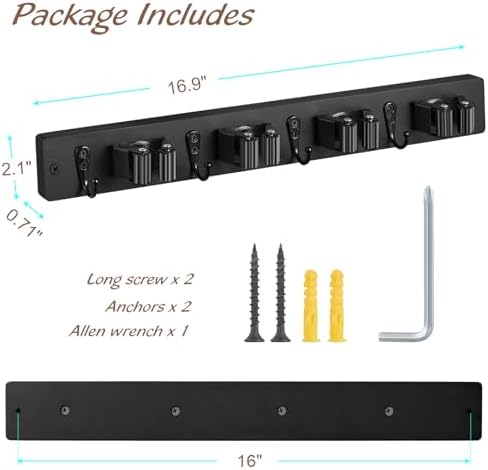 OUTNILI 2 Pack Black Mop Broom Holder Wall Mount - Wood Broom Mop Hanger - Wall Mounted Garden Tool Rack Organizer for Closet Garage Laundry Room, 4 Slots & 4 Hooks - Image 6