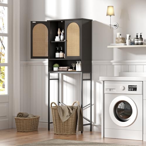 FiveWillowise Rattan Toilet Storage Cabinet, Over The Rack Wood Cabinet with Metal Stand, Bathroom Organizer with Adjustable Shelf, Tall Freestanding Washer Shelf, Small Cupboard, Black - Image 6
