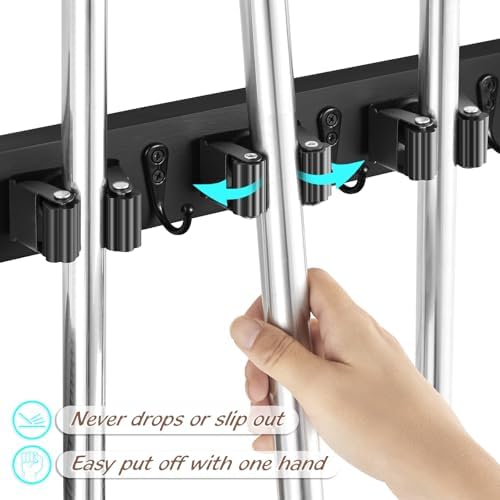 OUTNILI Mop and Broom Holder Wall Mount - Black Broom Mop Hanger - Wall Mounted Garden Tool Rack Organizer for Closet Garage Laundry Room Kitchen Decor With 5 Slots & 4 Hooks - Image 2
