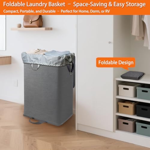 Foldable Laundry Hamper with 2 Removable Drawstring Bags,Portable Laundry Basket with Lid & Easy Carry Handle,Durable Clothes Hamper for Space-Saving Organizer in Bedroom,Bathroom,Dorm,Nursery,RV,Grey - Image 5