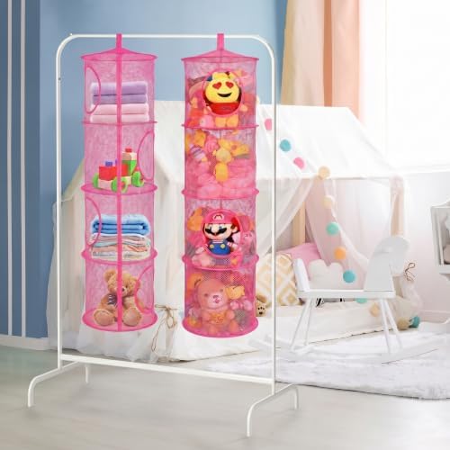 Hanging Stuffed Animal Storage Hammock Net 4 Tiers, Hot Pink - Image 2