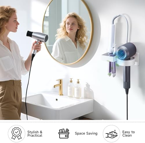 Hair Dryer Holder Wall Mounted, Hair Straightener Holder, Blow Dryer Holder Adhesive, Hair Tool Organizer for Flat Iron, Hairdryer, Curling Iron Holder for Bathroom Vanity Barber Shop (White) - Image 6