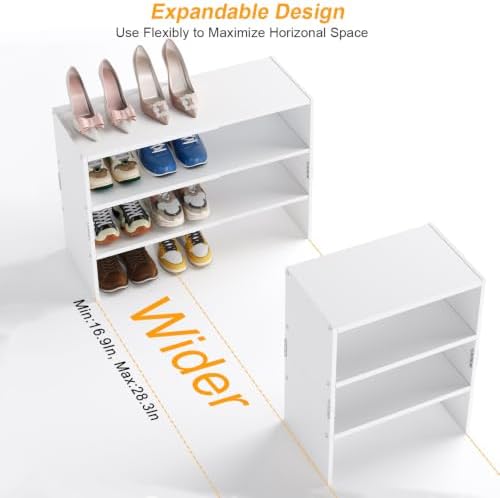 White Shoe Rack Organizer for Closet, 3-Tier Expandable Shoe Shelf, Stackable Iron Wood Combination Shoe Racks Shelves for Closets, Entryway,Small Space,Hallway,Garage,Holds 8-16 Pairs of Shoes - Image 4