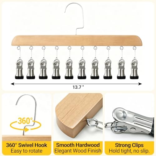 2-Pack Pants Hangers with Clips – 10 Clips Each, Space Saving Closet Organizer Hanger for Leggings, Jeans, Hats, Shorts, Belts, Scarves – Closet Organizer(2, Wood) - Image 2