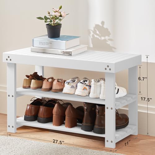 Pipishell 3 Tier Bamboo Shoe Rack Bench for Entryway, White - Image 3