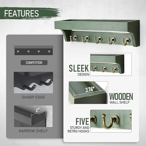 Rebee Vision Pine Wood Key Holder Wall Mount with Shelf for Entryway, Green - Image 5