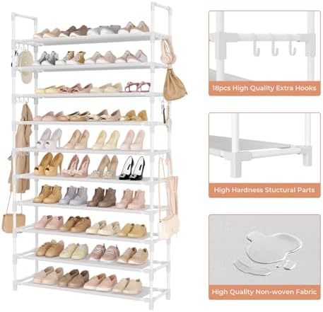 LANTEFUL Tall Shoe Rack 10 Tier Shoe Organizer Large Shoe Shelf with 18 Hooks Storage for 50 Pair Sneaker and Boot, Stackable Vertical Shoe Rack Organizer for Closet, Entryway, Bedroom, White - Image 4