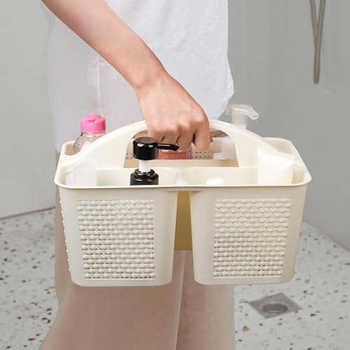 Plastic Portable Shower Caddy Basket with Handle, 3 Compartments, Beige - Image 4