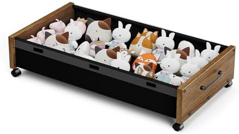 KITHELP Wooden Under Bed Storage with Wheels, Rolling Under the Bed Storage Bins with Removable Lid, Metal Under Bed Drawers for Clothes and Shoes in Bedroom or Living Room(Walnut Brown-1pack) by KITHELP