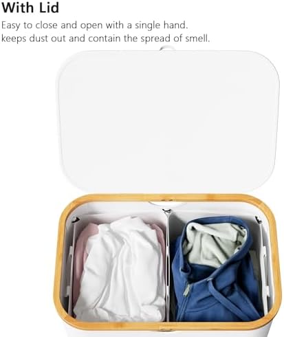 SpaceAid Double Laundry Hamper 2 Section with Lid and Removable Laundry Bags, 160L Clothes Basket with Bamboo Handles, Large Collapsible Hamper for Bedroom, Bathroom, Dorm, Laundry Room - White - Image 3