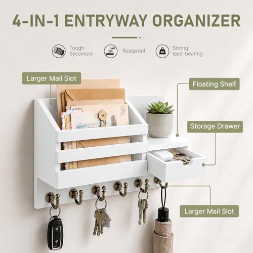 FifthQuarter Key and Mail Holder Wall Mount with Drawer and 6 Sturdy Hooks - Image 5