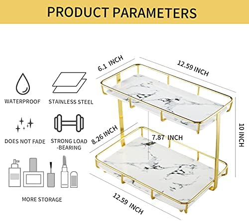Bathroom Organizer Countertop Perfume Organizer Makeup Organizer Cosmetics Storage Display Rack Vanity Tray Dresser Stainless Steel Gold Shelf White Marble Ceramic Tray - Image 2