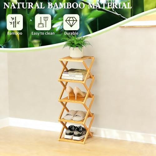 Bamboo Shoe Rack - No Assembly Required, Tall Narrow Foldable Shoe Organizer, Space-Saving Multifunctional Shelf for Entryways, Corners, Bedrooms, Balconies, 4 Layer(Reinforced and Thickened) - Image 4