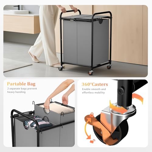 120L Laundry Sorter 2 Section, Rolling Laundry Basket with Wheels ＆ Lid - Image 3