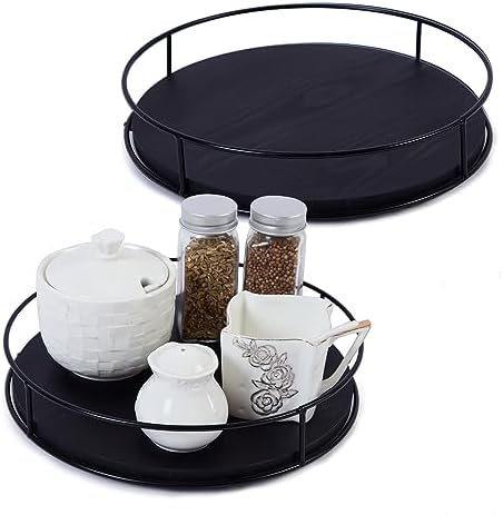 [ 2 Pack ] 9" & 10" Black Wood Lazy Susan Organizers with Steel Sides by TOMOAZA