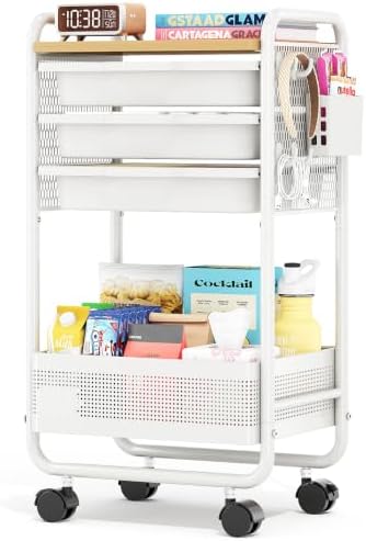 Metal Rolling Storage Cart with 3 Drawers - Utility Cart on Wheels with Pegboard & Wood Tabletop, Multifunctional Trolley Organizer with Hooks & Bin for Living Room,Bedroom,Craft Room,Office,Kids Room by KINGRACK