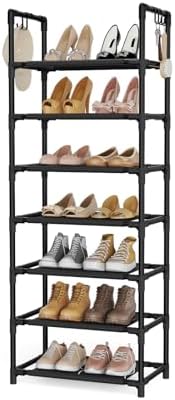 LANTEFUL 7 Tiers Shoe Rack 18-20 Pairs Boots Organizer Storage Sturdy Narrow Shoe Shelf for Entryway, Closets with Hooks, Black by LANTEFULforTidyingHouse