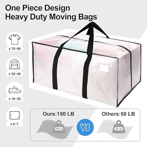 6 Pack Heavy Duty Extra Large Moving Bags W/Backpack Straps - Strong Handles & Zippers, Storage Totes For Space Saving, Fold Flat, Alternative to Box and Bin (40 gal, Semi-Transparent) - Image 5