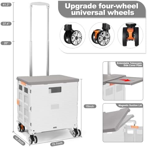 Foldable Utility Cart Folding Portable Rolling Crate with Magnetic Extended Lid,360°Rotate Wheels,176LBS Load Capacity,Heavy Duty Durable Dolly Cart for Teacher Tourist Shopping Office Outdoor(White) - Image 7