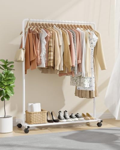 Sakugi Clothes Rack - Clothing Rack with Storage Mesh Shelf & Casters, Heavy-Duty Metal Clothing Rack for Hanging Clothes, Dresses, Coats, Large Load Capacity, Easy Assembly, White, 44.3"x16.9"x59.0" - Image 3