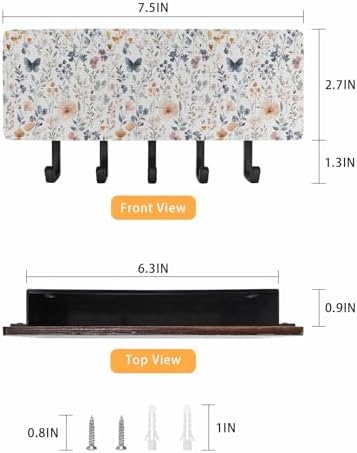 Watercolor Flower Key Holder Wall Mount,Spring Farm Leaf Country Retro Plant Black Hanging Mail Organizer with 5 Key Hooks Wall Decorative,Adhesive Key Rack with Shelf for Kitchen Entryway Decor - Image 3