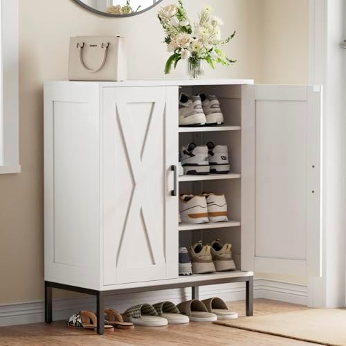 Homleke Farmhouse Shoe Cabinet with 2 Barn Doors & Metal Legs - Image 7