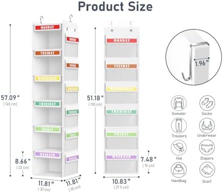 DIMJ Weekly Clothes Organizer for Kids - 2 in 1 Hanging Closet Organizer 6-Shelf Daily Monday Friday and Weekend Hanging Shelf Over the Door/Closet, for School Outfits for Girls/Boys, White - Image 2