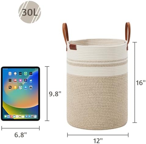 VIPOSCO 30L Small Woven Rope Laundry Hamper, Leather Handles, Brown & White - Image 5