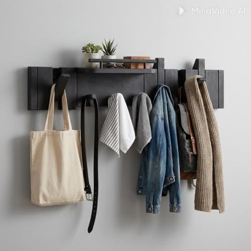 Modern Rustic Wood Coat Rack Wall Mount with Shelf, 7 Hooks, Black - Image 2