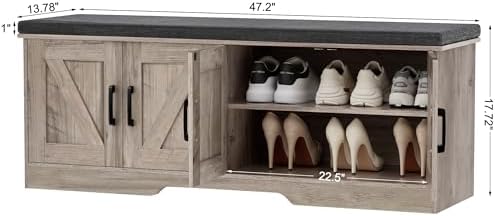 HOMSHO Farmhouse Shoe Storage Bench with 4 Barn Doors & Padded Seat Cushion - Image 3